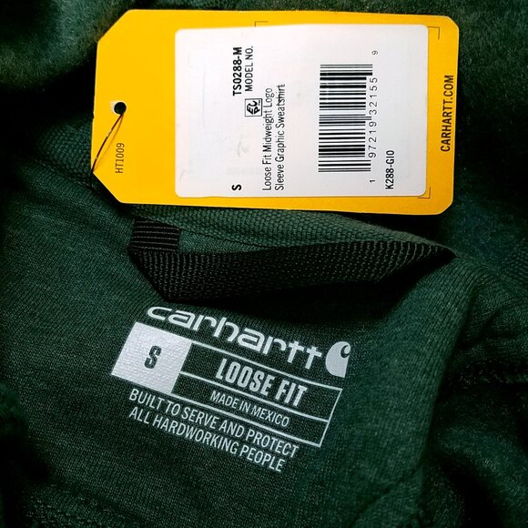Carhartt Men’s Small Loose Fit Midweight Logo Sleeve Pullover Sweatshirt Green - Picture 10 of 15